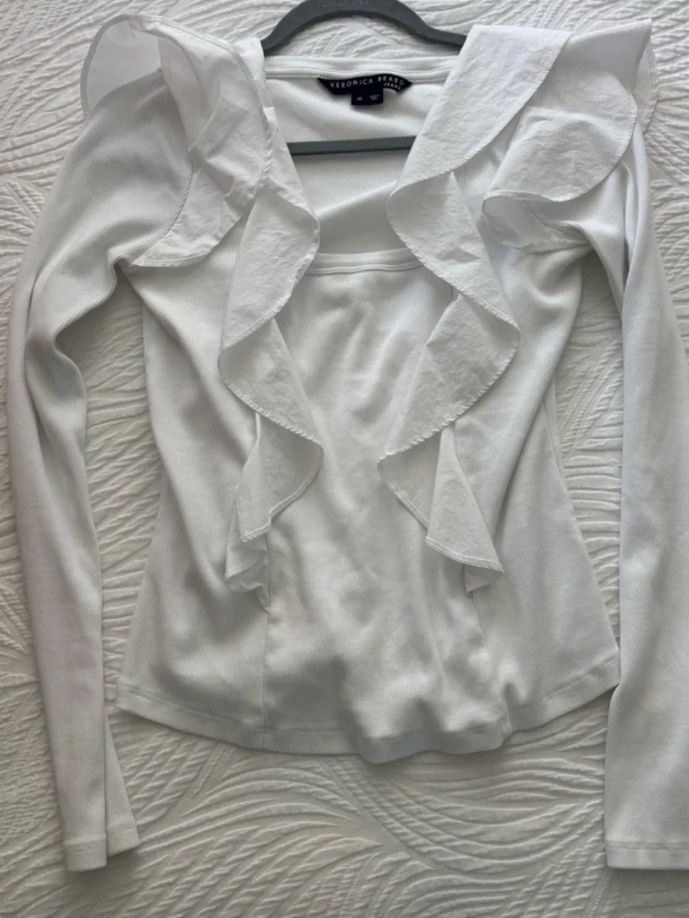Veronica Beard White Ruffle-Trim Long Sleeve Top - Picture 2 of 3